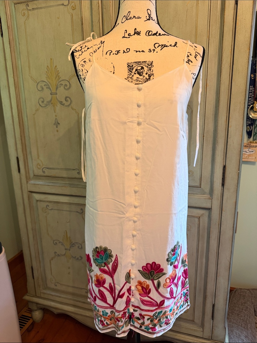 White Embroidered Tie-Shoulder Midi Dress with Floral Hem